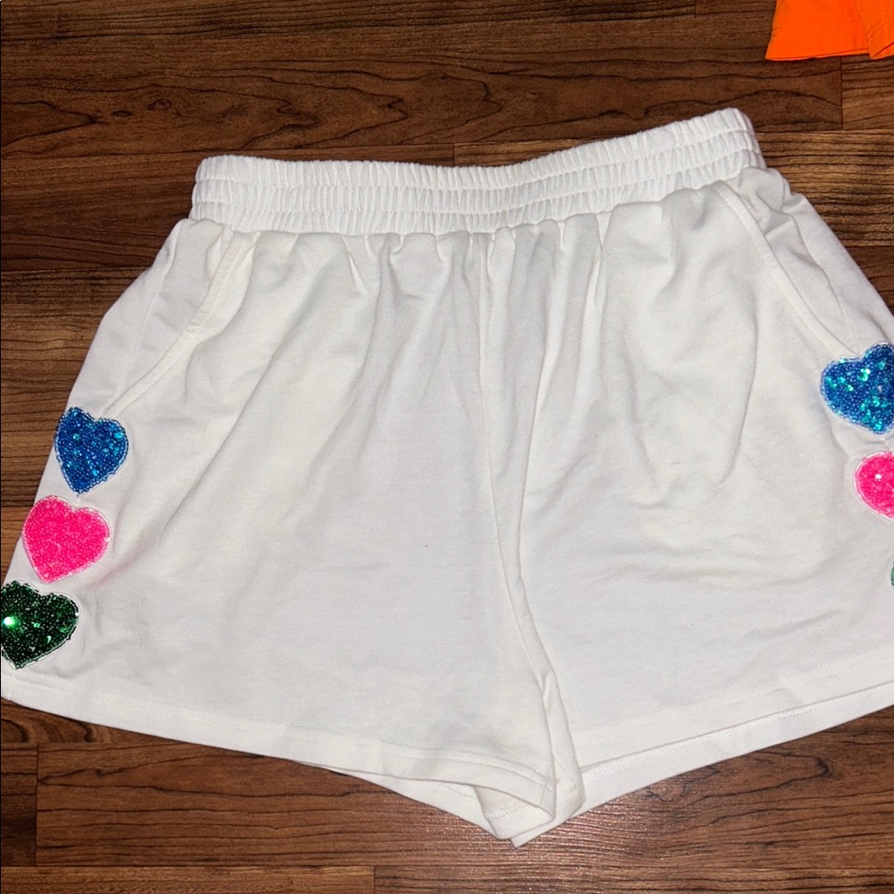 Women's White Athletic Shorts with Sequin Heart Accents